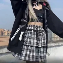

White Black Plaid Short Skirts Rivet Punk Style Double Layer High Waist Ball Gown Mini Skirts Female Harajuku Gothic Women Skirt