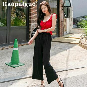 

Women's Sexy 2 Piece Set Summer Clothes Spaghetti Strap Ruffles Blouse and High Wasit Loose Pants Ladies Two Piece Set Plus Size
