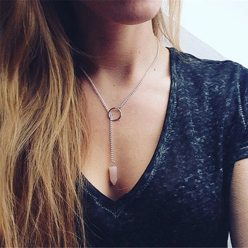 Женский кулон в форме пули розовый КВАРЦЕВЫЙ шестиугольник Подарочные ожерелья