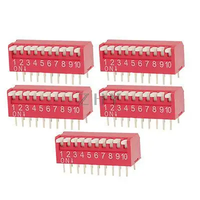 

5 Pcs 2.54mm Pitch 10 Position Slide Type DIP Switch Red Kyjzb