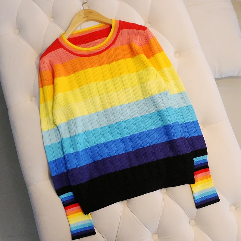 

2019 Year New Winter Thick Rainbow Swearter O-Neck Loose Casual Striped Knitted Warm Outwear Tops Pullover Clothes
