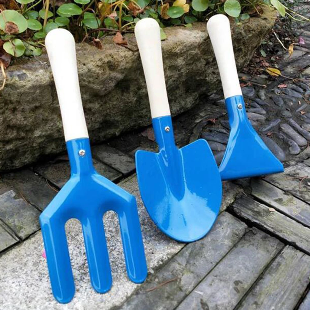 3pcs Mini Metal Rake Shovel Fork Set Garden Tool for Kids Children Beach Sandbox Toy Safe Gardening Equipment