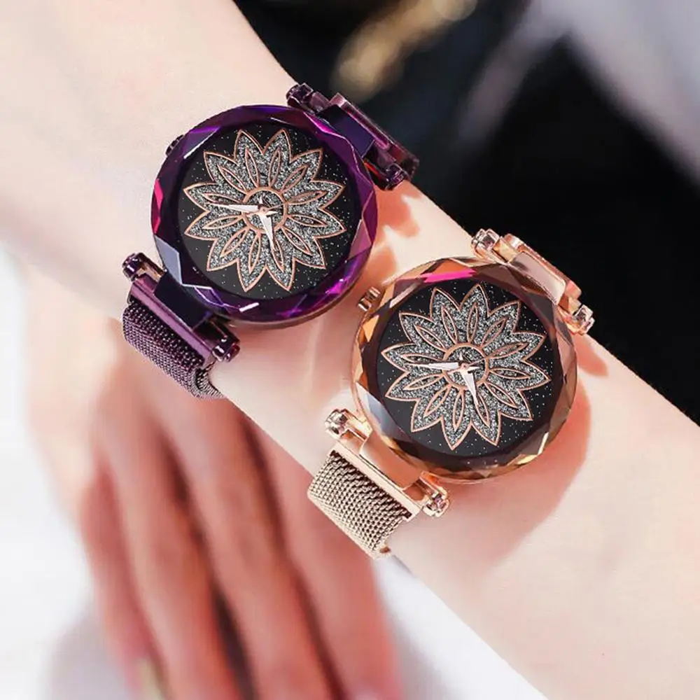 

Fashion Women Flower Rhinestone Round Dial Mesh Band Analog Quartz Wrist Watch Fashionable ladies quartz watch