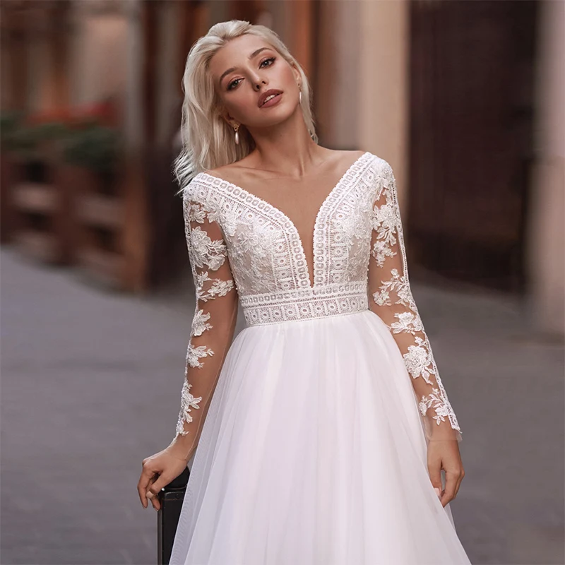 SoDigne Boho Wedding Dresses Long Sleeves V Neck Lace Appliqued Wedding Gown A Line Bridal Dress vestido de noiva lace wedding dress