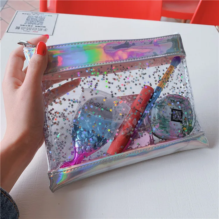 

Hot sale waterproof holographic laser PVC cosmetic bag for women, wholesale fashion Star Shining makeup bag with zipper