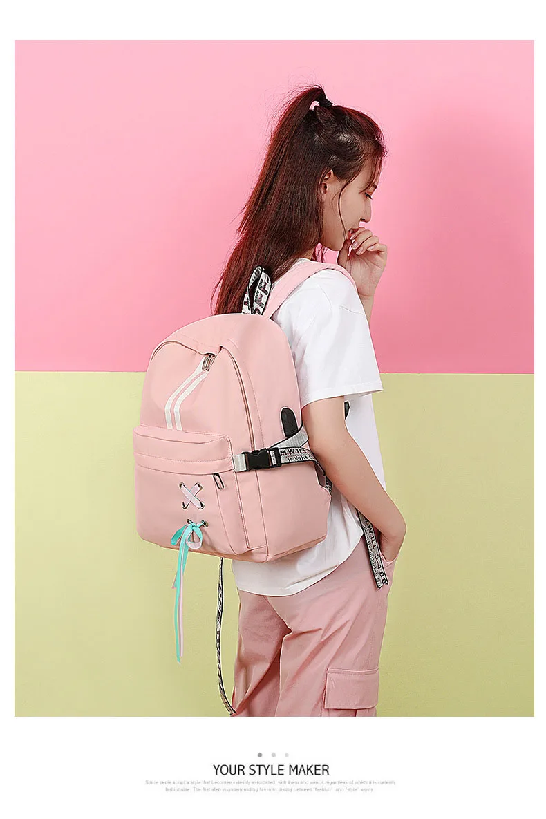 2019 Brand Design Women Casual Nylon Backpack Purse Teenager Girls Pink School Bags Ladies Bow Backpack Big Travel Rucksack Bags (17)