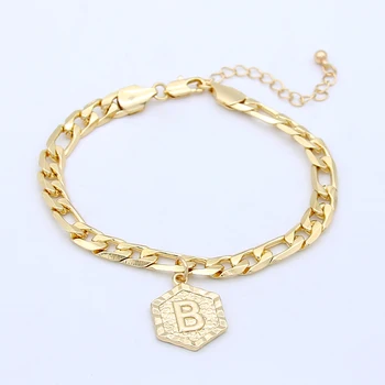 

SRCOI Gold Color Hexagonal Medal 26 Letter Bracelet Punk Style Thick Chain Geometric Initial Name Charm Bohemia Bracelet Women