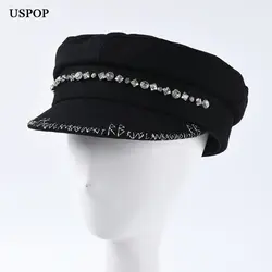 USPOP 2019, женские кепки newsboy, Роскошные, с алмазной вышивкой, RB, кепка newsboy, с плоским верхом, военные кепки