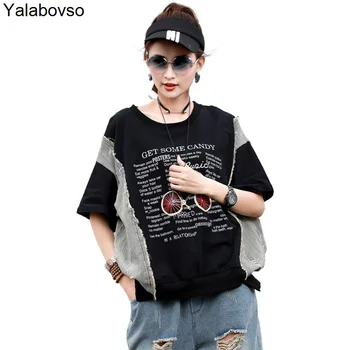 

Stripe Letter Printing Round Neck Hole Pullover Top Loose T-shirt Female Free Size Short Sleeves Color Patchwork Tee For Women