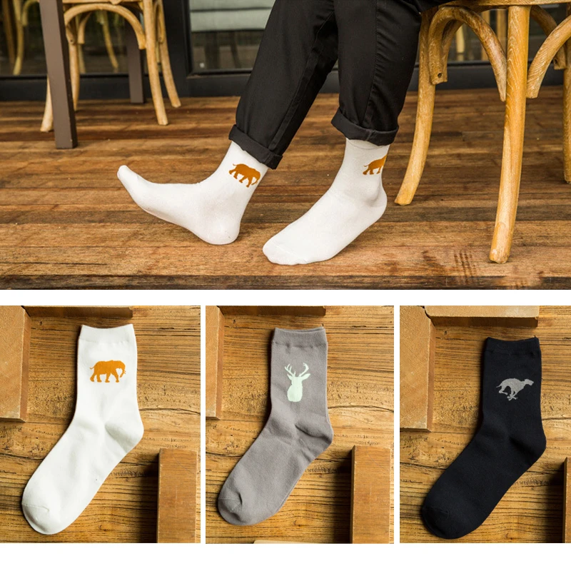 3pair=6pcs Men Casual Cotton Socks Fashion Pattern Print Crew Sock Soft Breathable Funny Sock for Autumn Winter Solid Color Sock