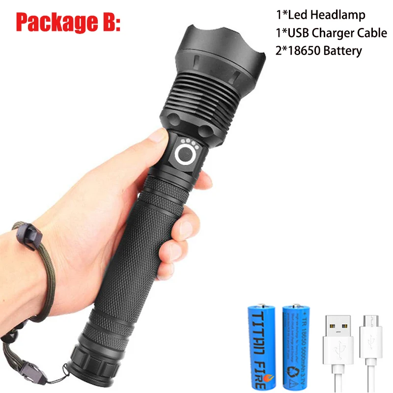 T20 LED Flashlight XHP70.2/XHP50 Powerful LED Torch High Lumens Adjustable Focus USB Rechargeable Handheld Light for Outdoor - Испускаемый цвет: XHP70  B