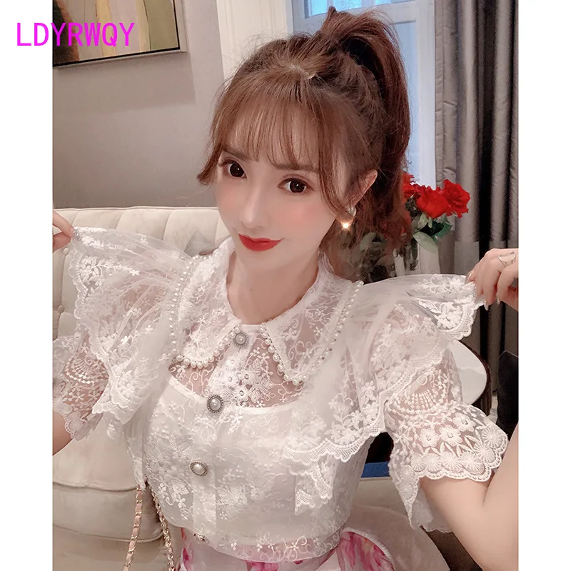 French retro lace shirt tops women's new summer air hollows were thin short sleeves Turn-down Collar  Solid French retro lace shirt tops women's new summer air hollows were thin short sleeves Turn-down Collar  Solid