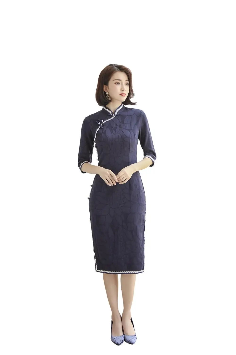 Шанхай история Половина рукава по колено cheongsam платье хлопок лен Винтаж Ципао китайское платье китайский стиль платье для женщин