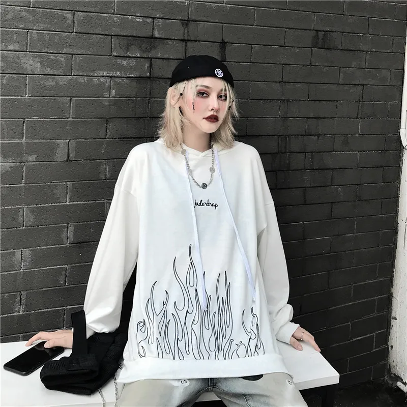 

Qlychee Flame Letter Embroidery Women Hoodie Sweatshirt Loose Casual Hooded Lady Pullovers Spring Autumn Female Tops Sweatshirts