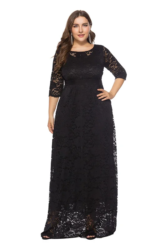 Размера плюс, с коротким рукавом, кружевное, с длиной до пола вечернее платье трапециевидной формы платье с карманами для вечерние - Цвет: Черный