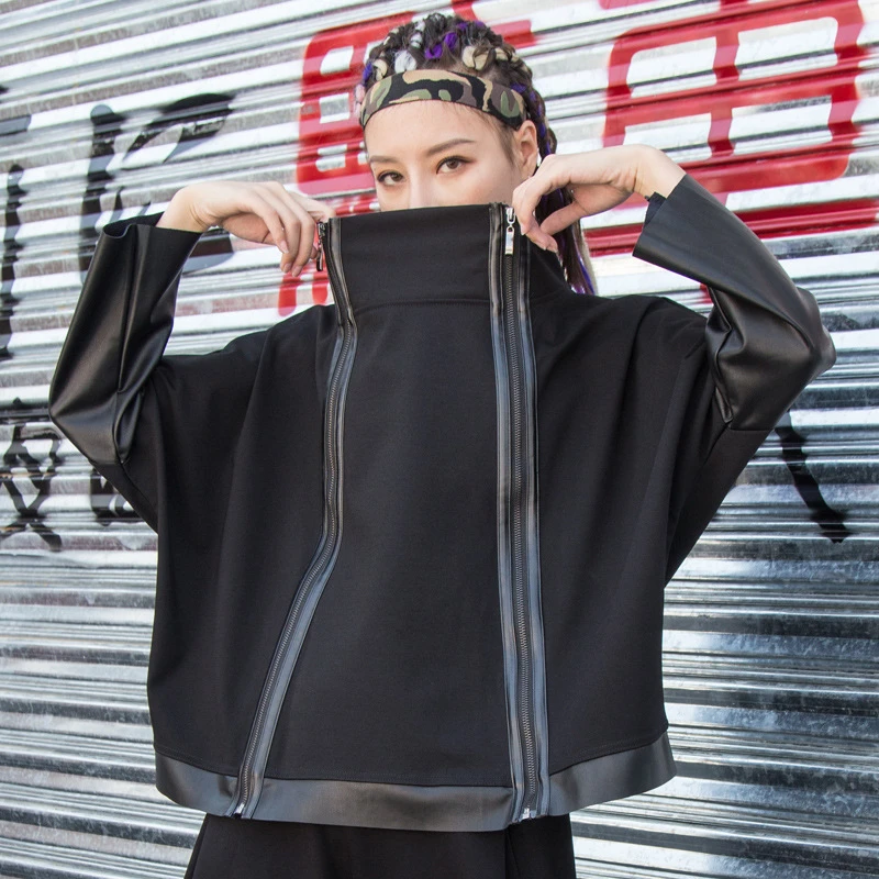 

TVVOVVIN Women Black Batwing Sleeve Zip-up Sweatshirt 2019 Autumn Women Pu Patchwork Handsome Sweatshirt Plus Size D335
