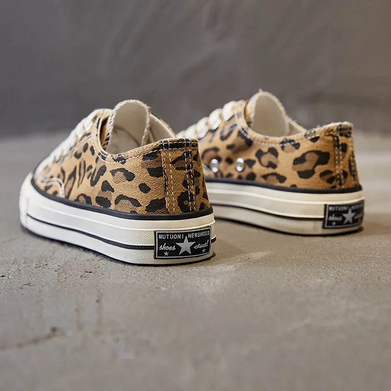 Women's Canvas Shoes Fashion Leopard Print Lace-up Flats Casual Shoes Lady Autumn High-Top Vulcanized Shoe Non-Slip Sneakers - Цвет: leopard print LOW