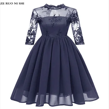 

ZE RUO NI SHI 2020 Autumn Winter boho Dresses O Neck Three Quarter Sleeves vestido Chiffon Embroidery Lace vogue Party