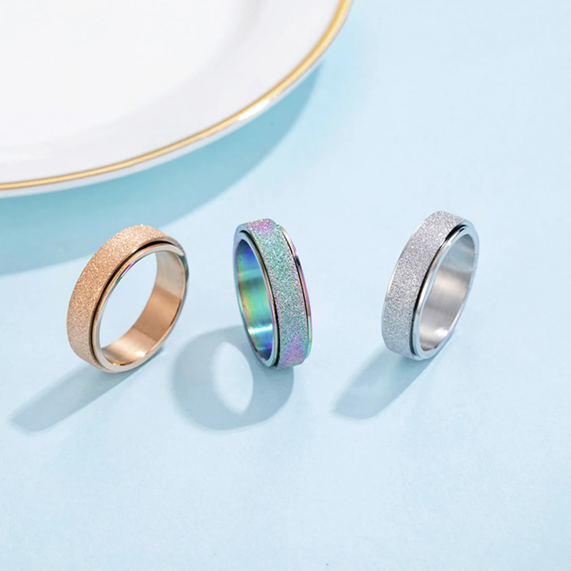 Для женщин Титан Сталь скраб Спиннер вращается кольца песочной отделкой Спиннер обручальное кольцо из розового золота, радужной расцветки для беспокойства кольца размеры на возраст 4, 5-11