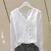 Lace Cotton Women Blouse 2022 Summer New V-neck Long-sleeved Slim Solid Lady Elegant Pulls Tops Top Quality K2 ► Photo 1/6