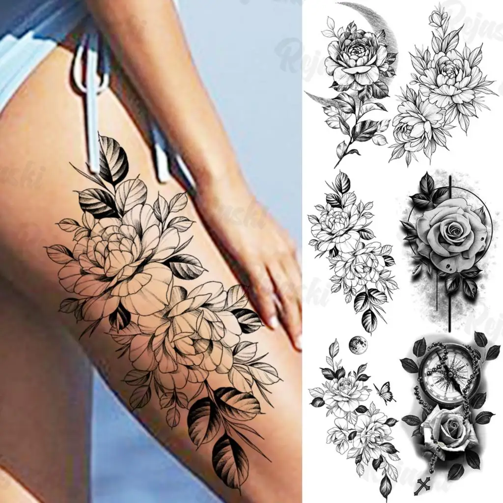 

Big Peony Black Temporary Tattoos For Women Girls Realistic Moon Compass Rose Flower Fake Tattoo Sticker Thigh Body Tatoos DIY