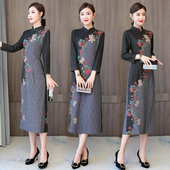 

2020 Autumn Fashion Knitted Elegant Woman's Dress Femme Robe Vestidos Retro Improved Cheongsam Midi Winter Dress Flower 4xl