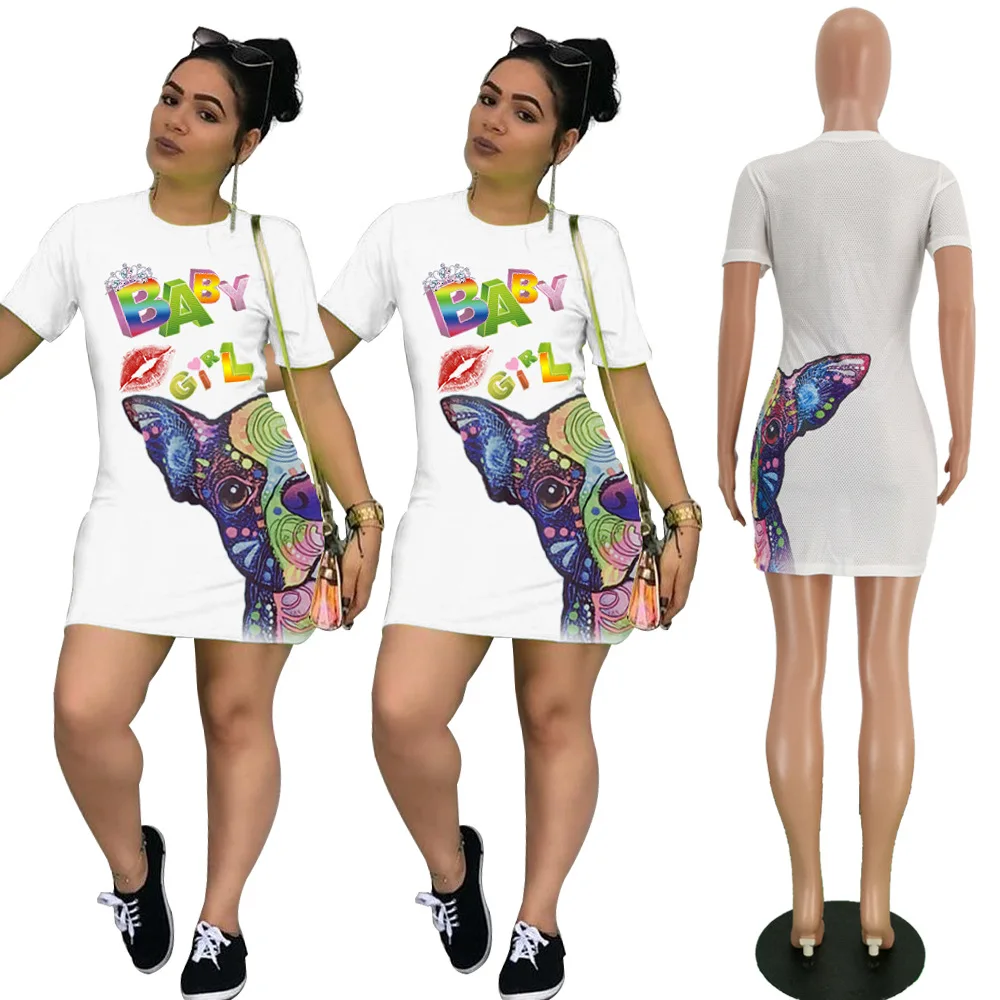 

Double Cartoon Printing Pattern Women Dress White Short Sleeves Crew Neck Sexy Bodycon Drsses for Nightclub Party T Shirt Dress