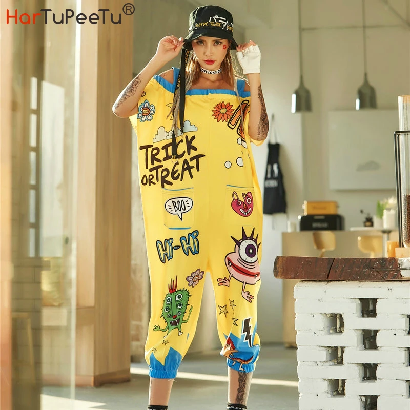 

Casual Jumpsuit Women Elegance Summer Overalls Plus Size Loose Harajuku Cute Cartoon Print Drop Crotch Hip Hop Baggy Bib Pants