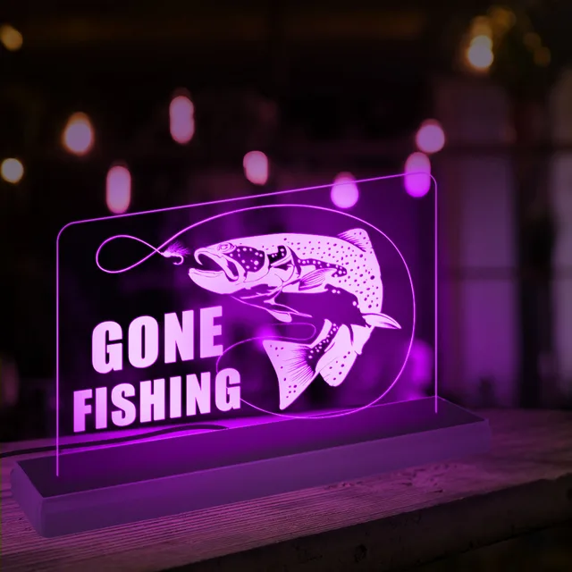 Gone Fishing Nameplate Sign Led Light Fisherman Gife Trout Modern