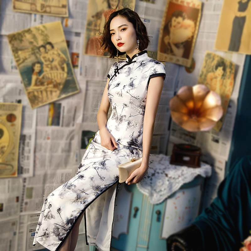 Sheng Coco 4xl Wanita Sutra Panjang Gaun Qipao Cheongsam Tradisional Cina Tinta Lukisan Bunga Burung Cetak Cheongsams Aliexpress