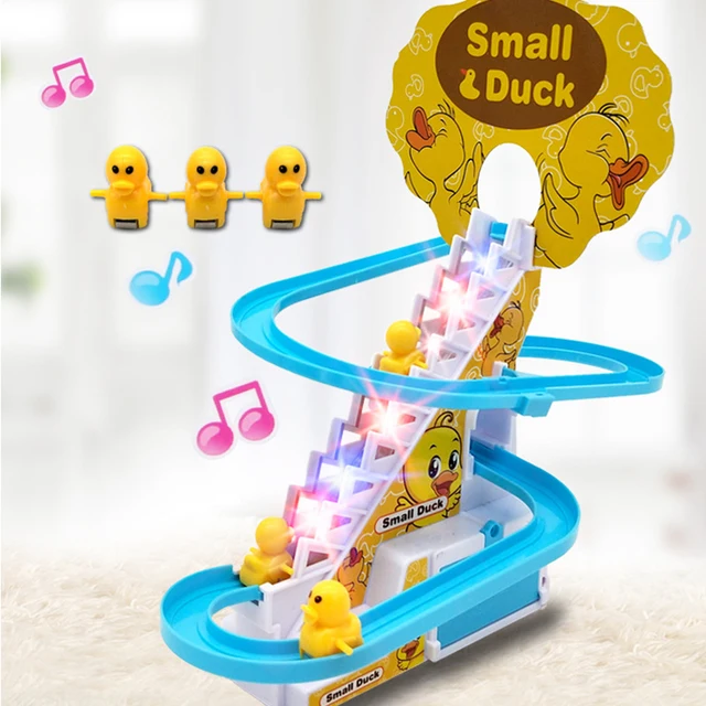 New Electric Duck Climbing Stairs Track Toys Cartoon Train Duck For Children Electronic Music Kids Funny Birthday Gift 1