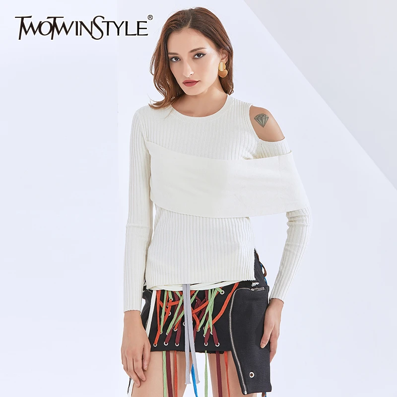 

TWOTWINSTYLE Hollow Out Striped Women's Knitted Sweater O Neck Long Sleeve Patchwork Slimming For Female Casaul Pullover New