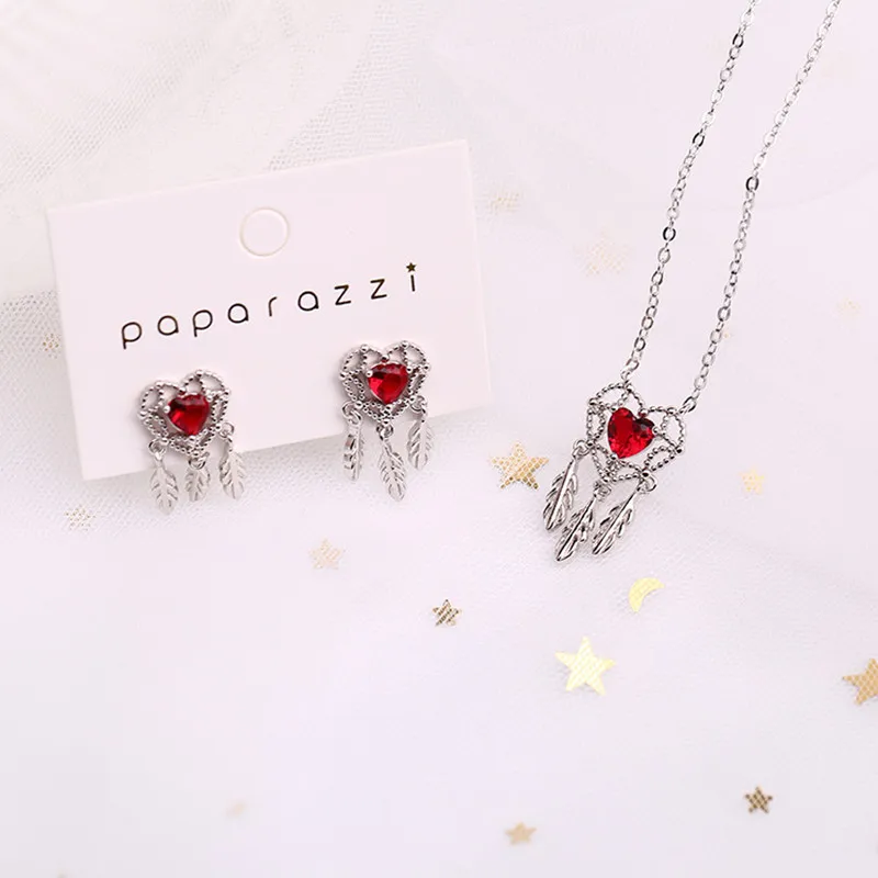 

OBEAR Sweet Red Love Heart Silver Plated Dream Catcher Necklace Earring For Women Short Clavicle Chain Jewelry Gift
