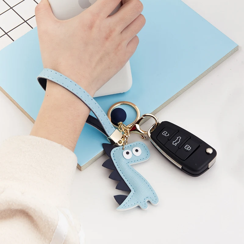 Cartoon Dinosaur Keychain PU Leather Cotton Fillled Blue Pink Brown Grey Pendant Car Personality Lady Keyring Bag Lanyard Gift 5
