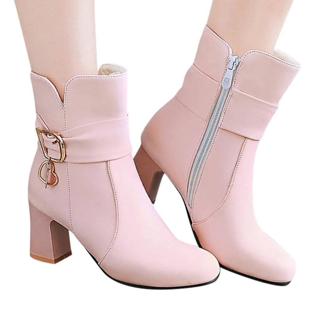 Женские ботинки; сезон осень-зима; ботинки; Модные женские ботильоны на молнии на толстом высоком каблуке; большие размеры; короткие ботинки для учащихся; цвет розовый
