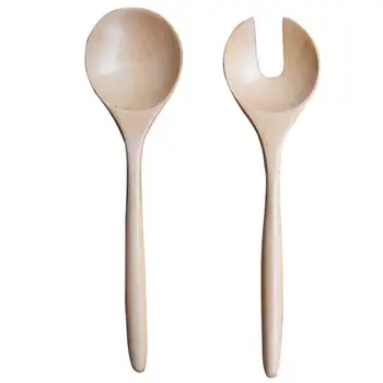 

2pcs Salad Spoon Round Wood Spoon and Fork Salad Servers Wood Color