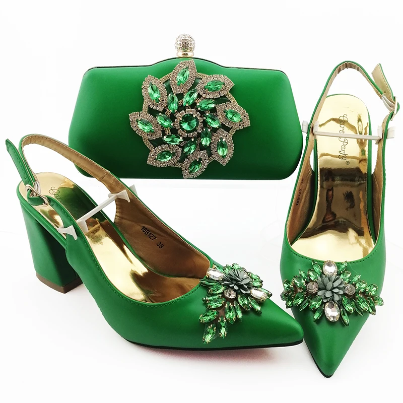 

Nigeria green fashion shoes matching bag set italy design for african aso ebi wedding party shoes and bag set SB8443-9