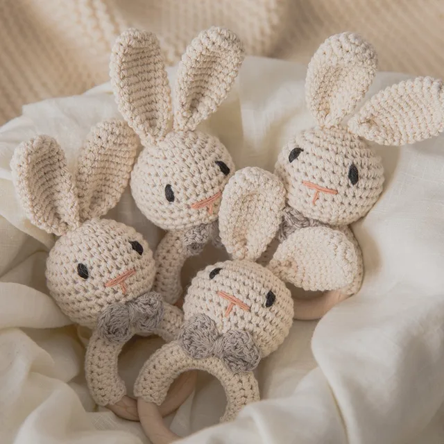 1Pc Baby Teether Crochet Rabbit Rattle Wooden Toys BPA Free Wood Rodent Rattle Baby Mobile Gym Newborn Stroller Educational Toys 4