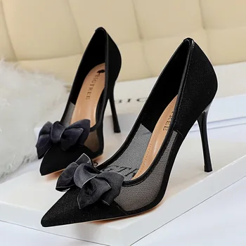 

1853-3 Sexy The Nightclub Was Thin Reticular Hollow Out Women's Shoes Fine With High With Shallow Mouth Sharp Bow Single Shoe