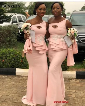 

African Mermaid Long Bridesmaid Dresses Satin One Shoulder Ruched Wedding Party Dress With Appliques Prom Gown Vestido De Festa