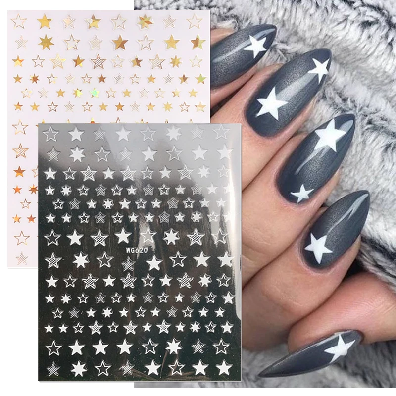 Rose Gold Star 3D Nail Stickers Silver Black White Star Heart Transfer Stickers for Nails DIY Decals Manicures Decoration Tips