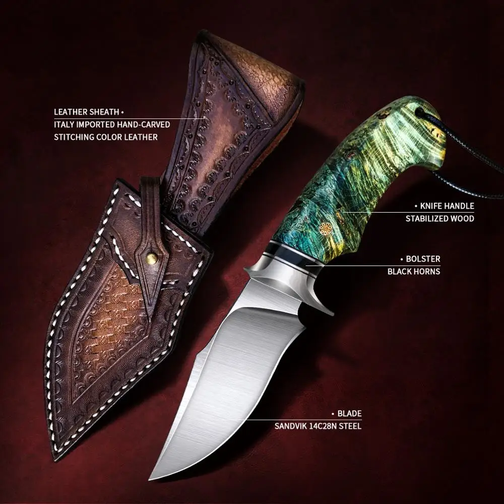 US $63.99 Turenz Hunting Knife 14c28n Steel Stabilized Wood Handle Edc Camping Knife With Sheath Outdoor Tool Small Fixed Blade Knives