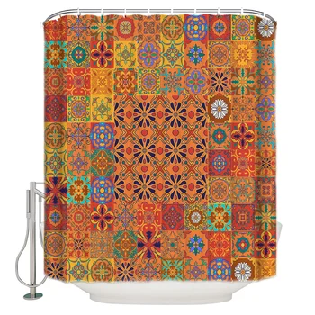 

Orange Multigrid Pattern Shower Curtain Waterproof Bathroom Curtain Polyester Bath Curtain Home Decor 12 Hooks