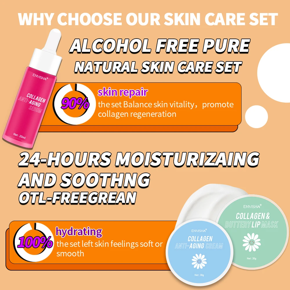 Face Skin Care Set Collagen Anti-aging Wrinkle Cream Hyaluronic Acid Lip Mask Retinol Serum Whitening Moisturizing Shrink Pores 6