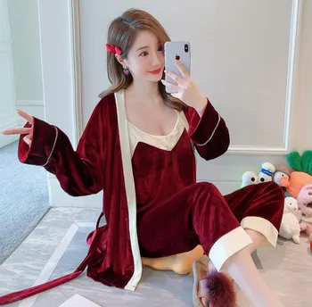 

New Fashion Lounge Autumn Velvet Lace Sleepwear 3PCS Set Home Suit Pyjama Set Pajamas For Women Pijama Mujer пижама женская