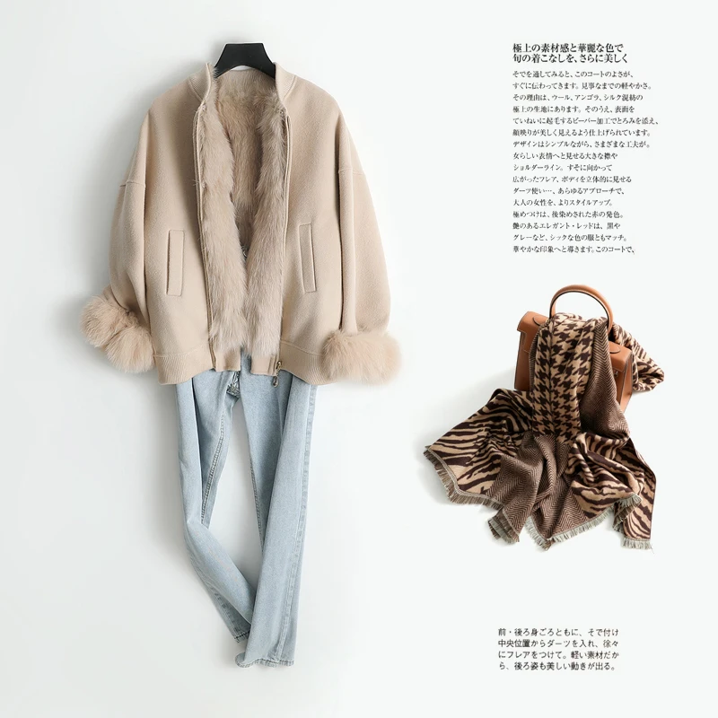 AYUNSUE Женское пальто из натурального Лисьего меха, шерстяное пальто, осенне-зимняя куртка, Женское шерстяное пальто из альпаки, veste femme MY