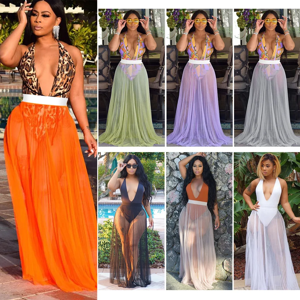 

Europe And America Cross Border New Style Beach Holiday Cover-up Skirt Sexy Gauze Transparent Skirt Solid Color Elastic Waist Pl