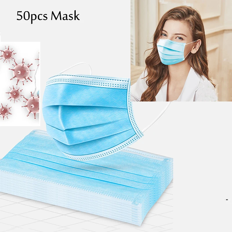 

50Pcs/Lot 3-Ply Disposable Mask Anti-smog Safe Breathable Masks Earloops Mascherine Face Mouth Masks Respirator Filter Maschere