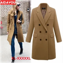 Женское шерстяное пальто, двубортное пальто с лацканами размера плюс, модное свободное зимнее теплое шерстяное пальто с длинным рукавом ouc314