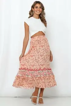 

Women Boho Pleated Retro Long Maxi Dress A-Line Ruffles Floral Elastic High Waist Skirt Sundress 202